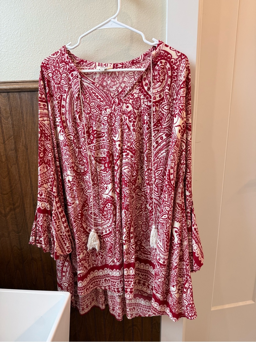 Umgee Red and Cream Paisley Tie-Front Mini Dress with Tassels